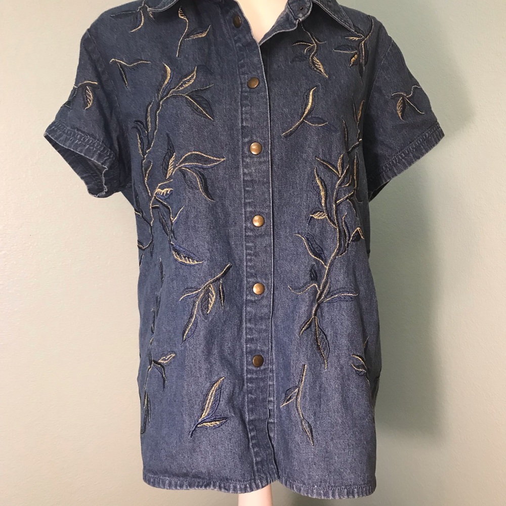 Together Blue Denim Embroidered Button-Front Blouse